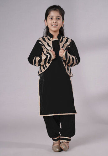 Embroidered Velvet Straight Kurta Set in Black