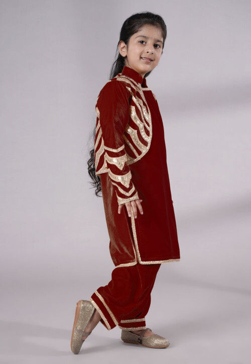Readymade Embroidered Velvet Straight Kurta Set in Maroon