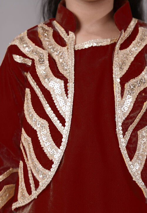 Readymade Embroidered Velvet Straight Kurta Set in Maroon