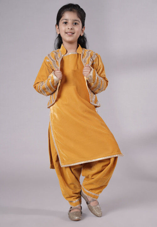 Embroidered Velvet Straight Kurta Set in Mustard