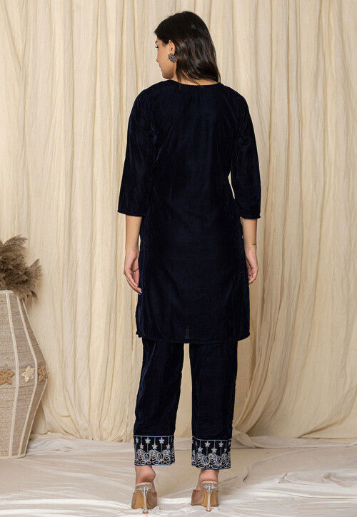 Rayol Blue Hand Embroidered Velvet Straight Kurta, Trousers With Dupatta Set