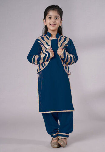 Embroidered Velvet Straight Kurta Set in Teal Blue