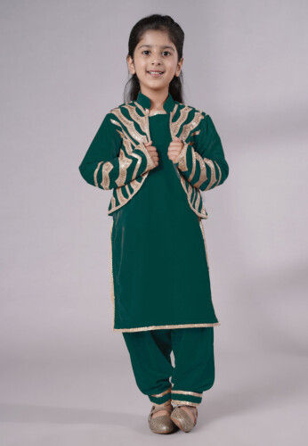 Embroidered Velvet Straight Kurta Set in Teal Green