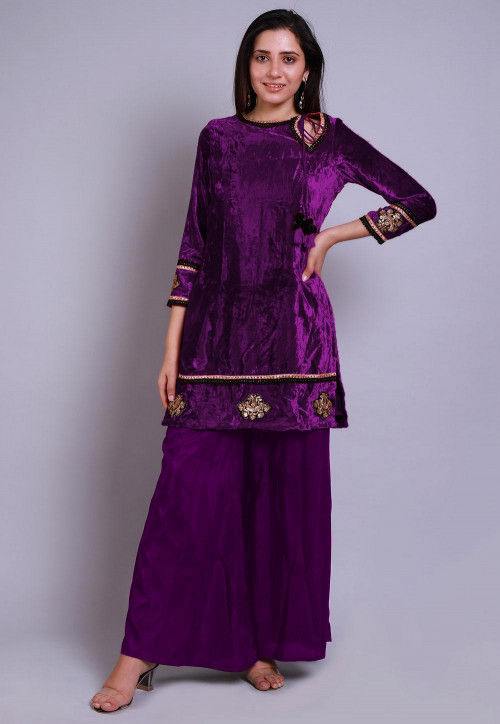 Embroidered Velvet Straight Kurti Set in Purple : TUC1769