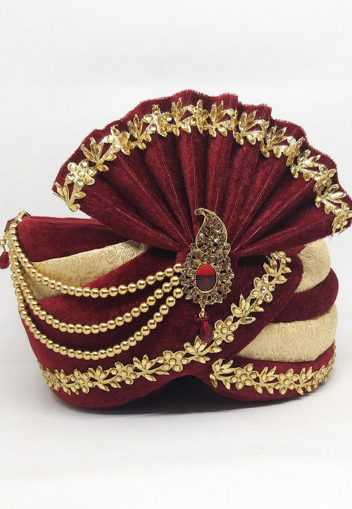 Embroidered Velvet Turban in Maroon and Beige
