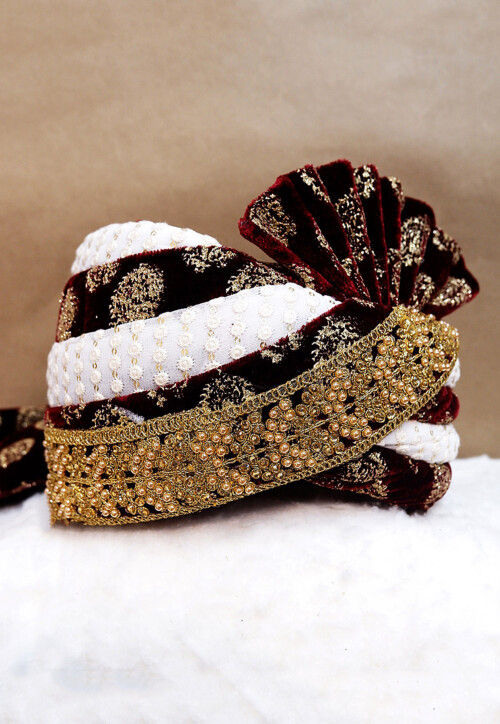 Embroidered Velvet Turban in Maroon and White