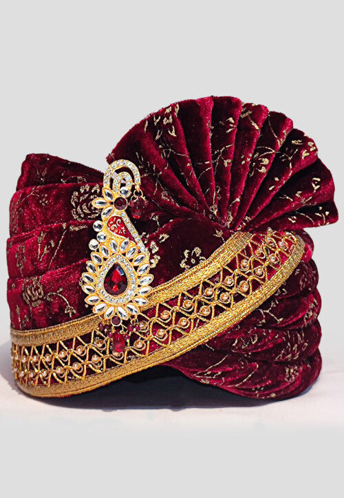 Embroidered Velvet Turban in Maroon
