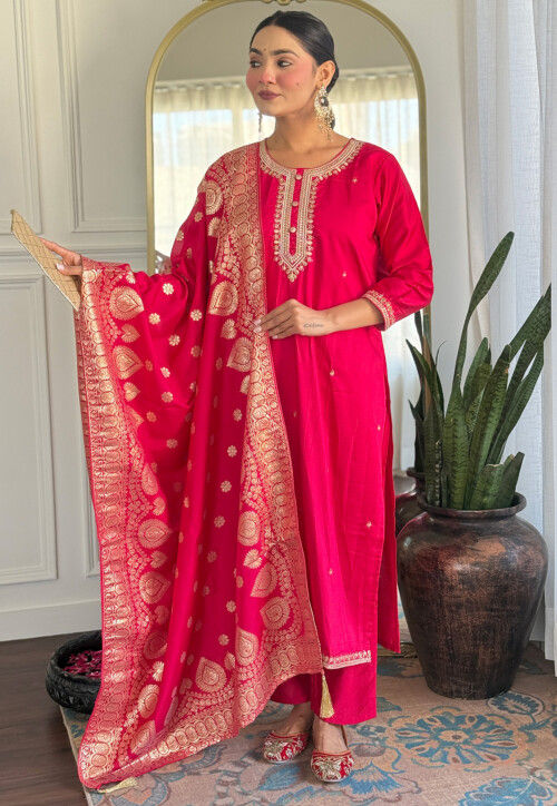 Embroidered Chanderi Silk Pakistani Suit in Fuchsia