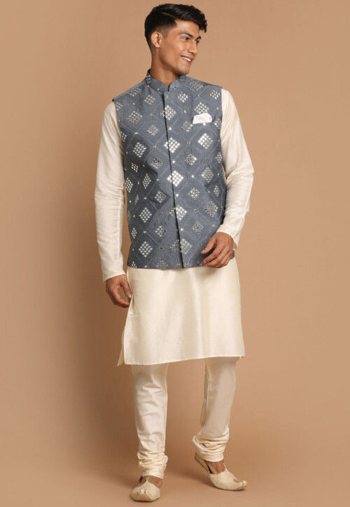 Embroidered Viscose Cotton Kurta Set in Cream