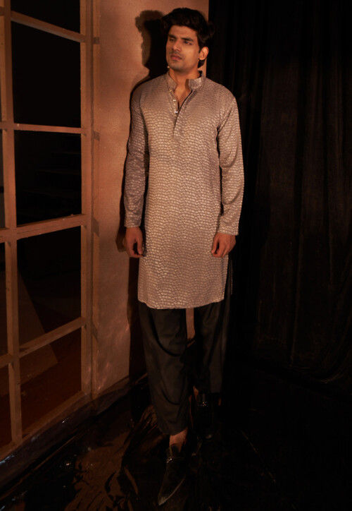 Embroidered Viscose Cotton Kurta Set in Light Purple