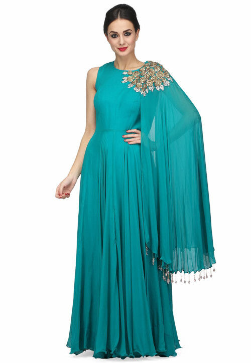 Embroidered Viscose Georgette Gown in Teal Green