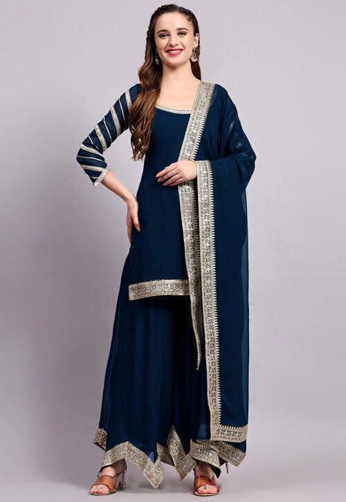 Embroidered Viscose Georgette Pakistani Suit in Teal Blue