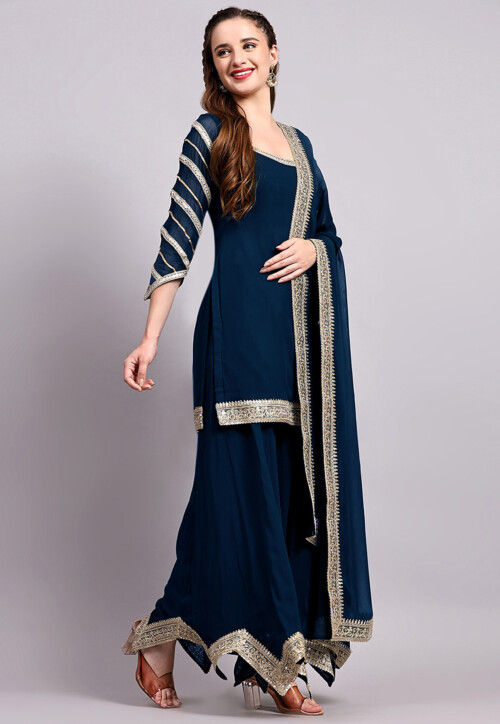Embroidered Viscose Georgette Pakistani Suit in Teal Blue