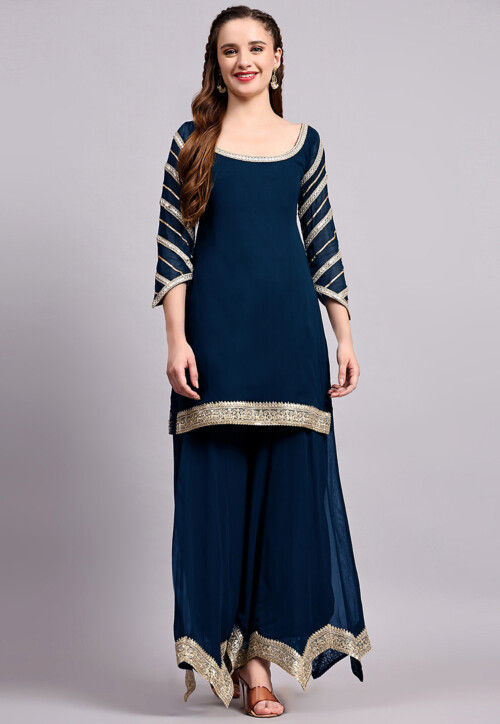 Embroidered Viscose Georgette Pakistani Suit in Teal Blue