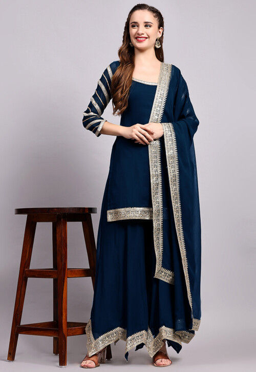 Embroidered Viscose Georgette Pakistani Suit in Teal Blue