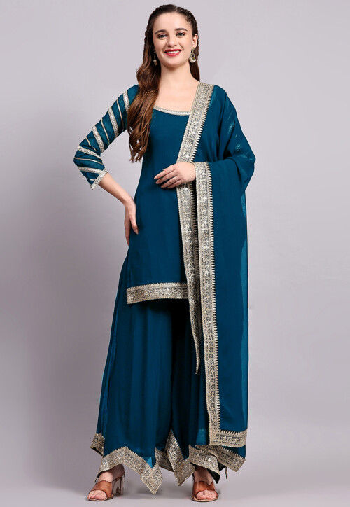 Embroidered Viscose Georgette Pakistani Suit in Teal Blue