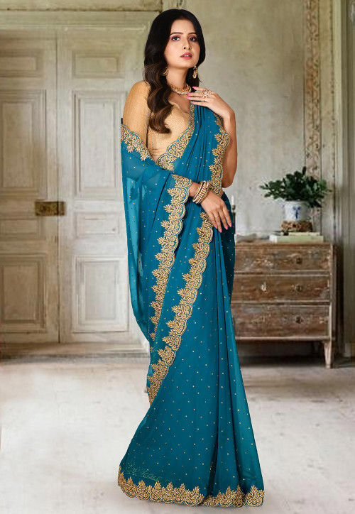 Embroidered Viscose Georgette Saree in Teal Blue