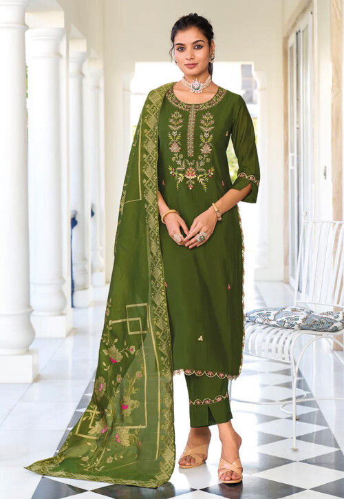 Embroidered  Viscose Pakistani Suit in Olive Green