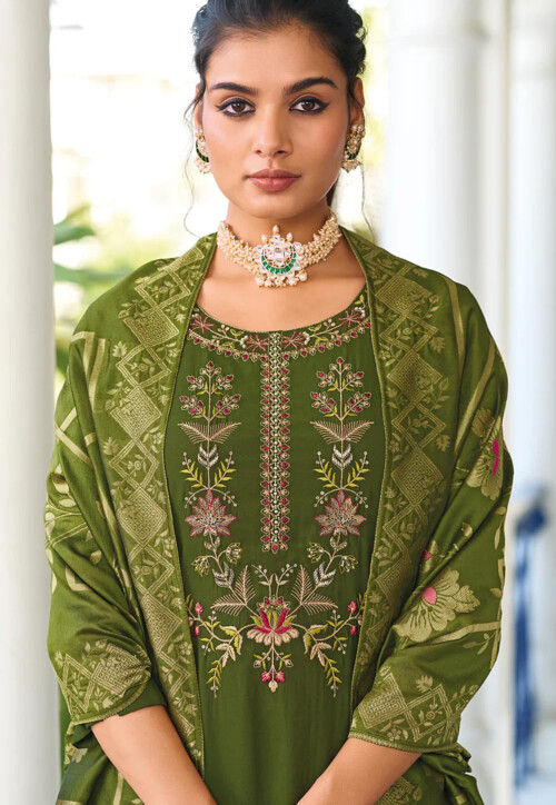Embroidered  Viscose Pakistani Suit in Olive Green