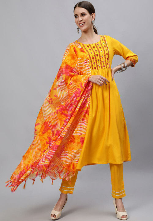 Embroidered Viscose Rayon A Line Suit in Yellow