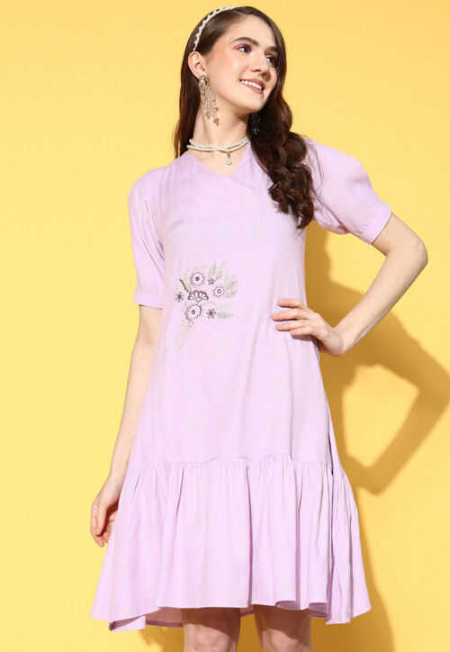 Embroidered Viscose Rayon Jacquard Sheath Dress in Light Purple