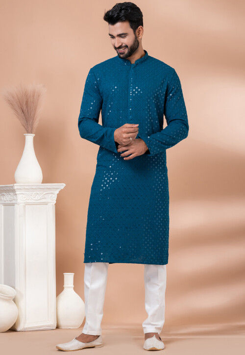 Embroidered Viscose Rayon Kurta Set in Teal Blue