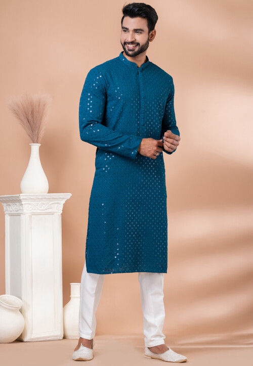 Embroidered Viscose Rayon Kurta Set in Teal Blue