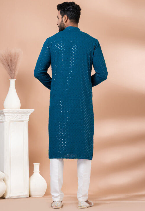 Embroidered Viscose Rayon Kurta Set in Teal Blue