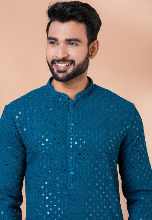 Embroidered Viscose Rayon Kurta Set in Teal Blue