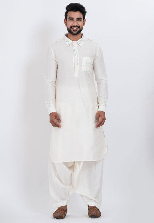 Embroidered Viscose Rayon Paithani Suit in Off White