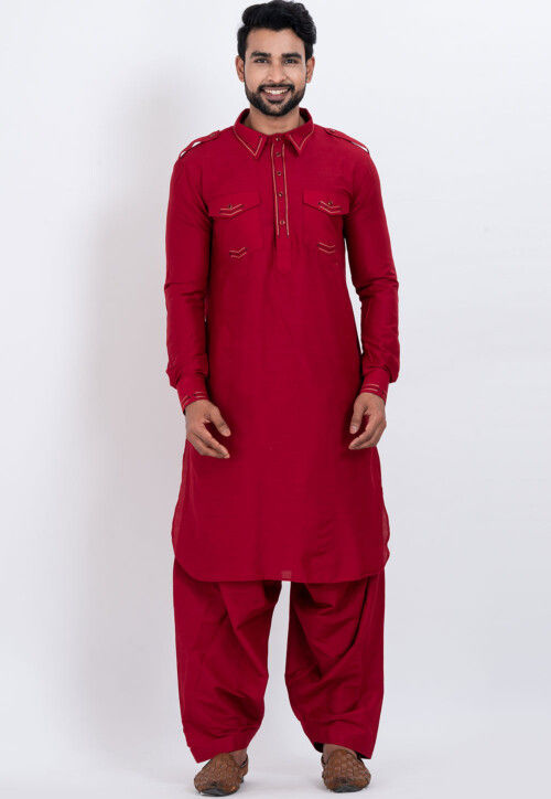 Embroidered Viscose Rayon Paithani Suit in Red