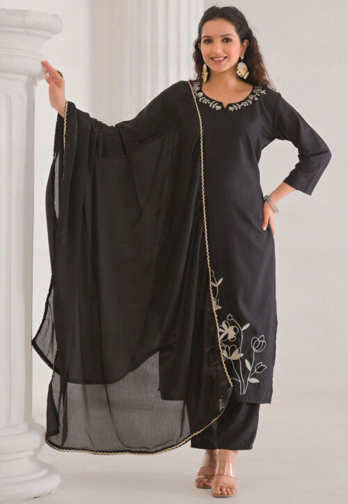 Embroidered Viscose Rayon Pakistani Suit in Black