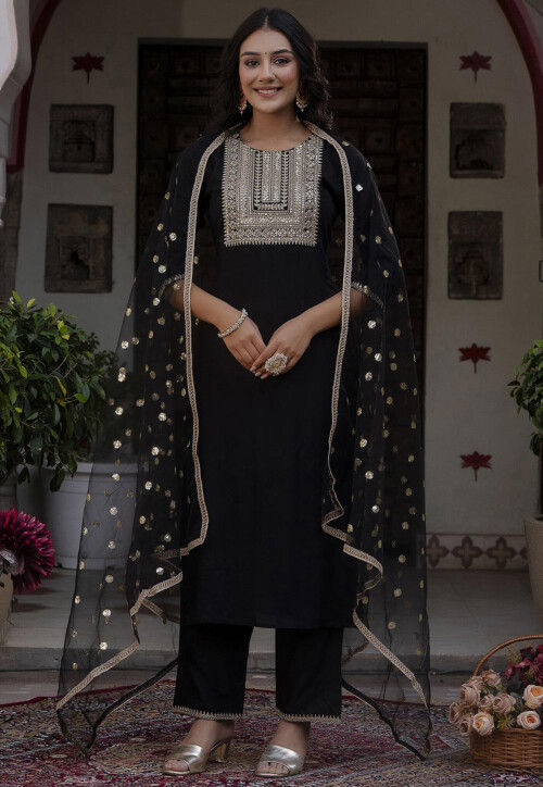 Embroidered Viscose Rayon Pakistani Suit in Black
