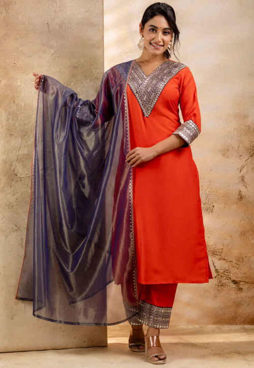 Embroidered Viscose Rayon Pakistani Suit in Dark Orange