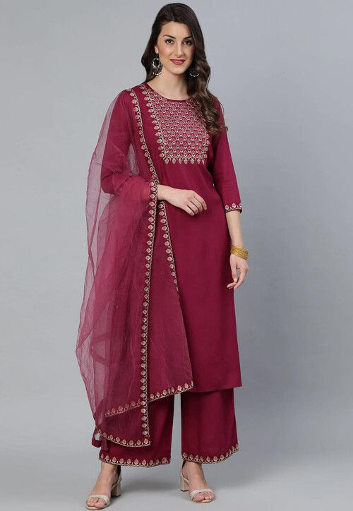Embroidered Viscose Rayon Pakistani Suit in Magenta
