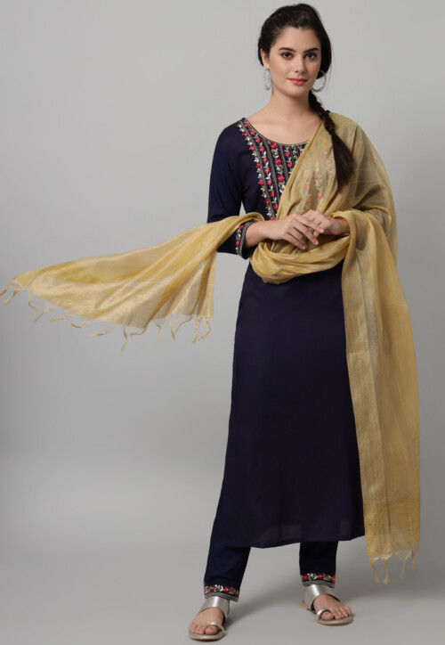 Embroidered Viscose Rayon Pakistani Suit in Navy Blue : KBNQ3948