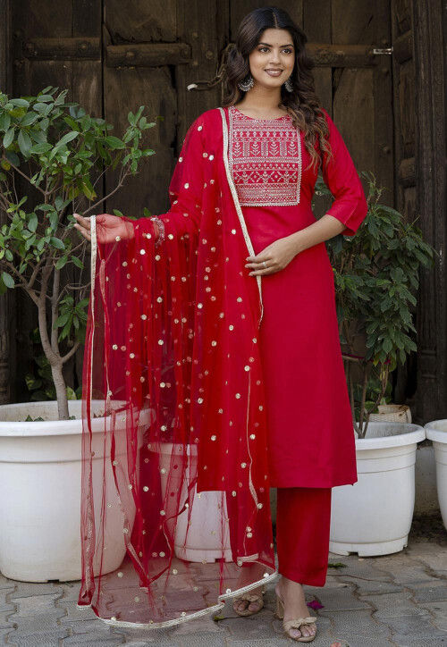 Embroidered Viscose Rayon Pakistani Suit in Red