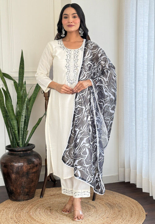 Embroidered Viscose Rayon Pakistani Suit in White