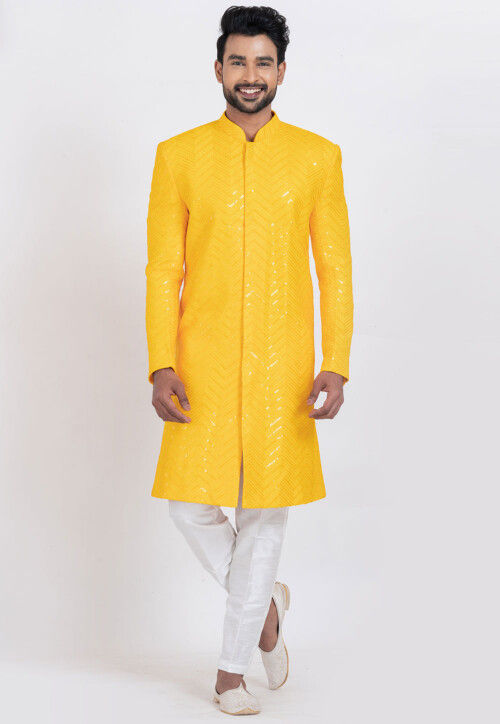 Embroidered Viscose Rayon Sherwani in Yellow