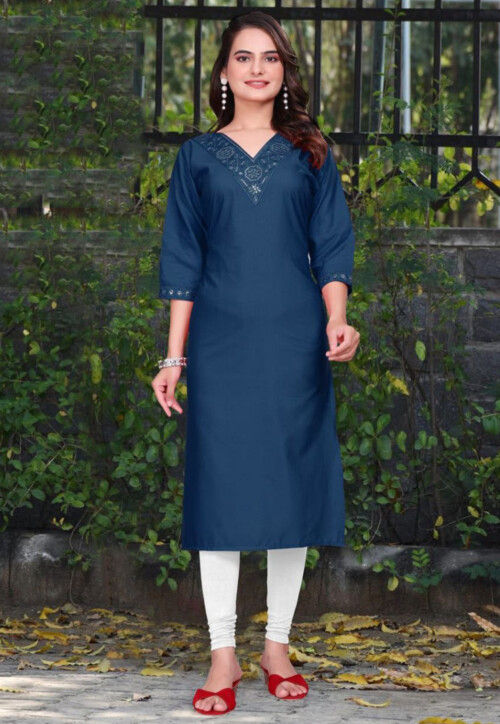 Embroidered Viscose Rayon Straight Kurta in Navy Blue