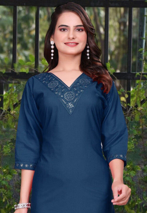 Embroidered Viscose Rayon Straight Kurta in Navy Blue