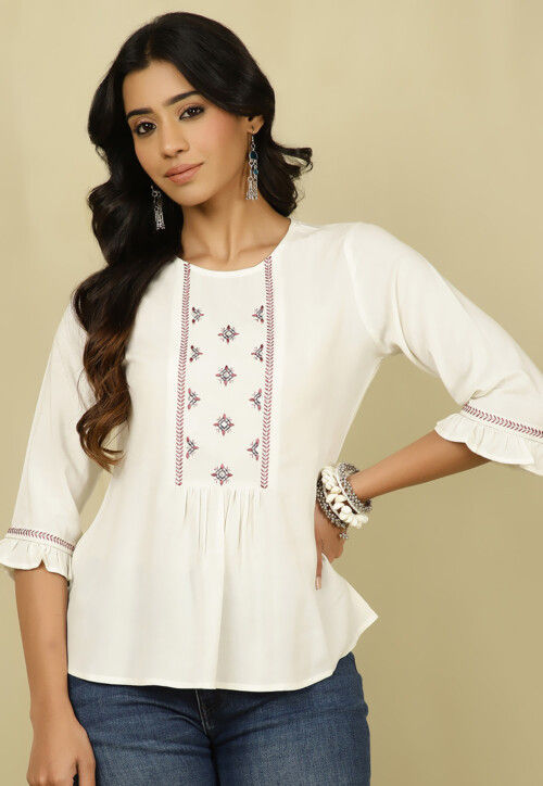 Embroidered Viscose Rayon Top in Off White