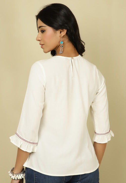 Embroidered Viscose Rayon Top in Off White