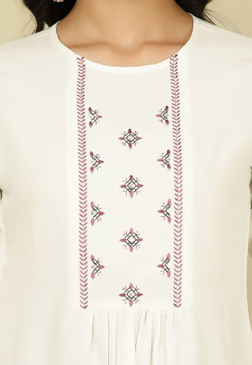 Embroidered Viscose Rayon Top in Off White
