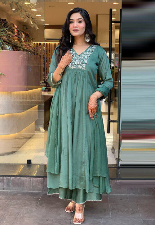 Embroidered Viscose Silk A Line Suit in Dusty Green