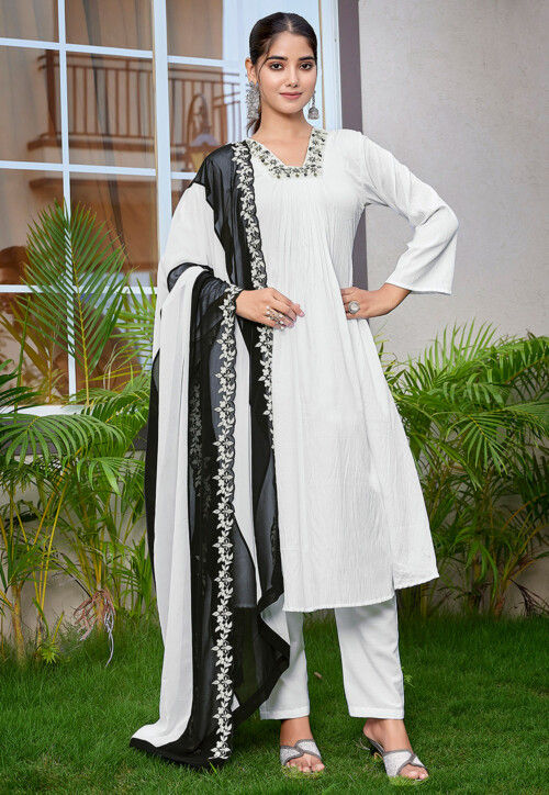 Embroidered Viscose Silk A Line Suit in Off White