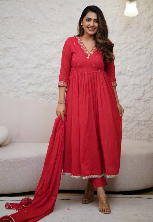 Embroidered Viscose Silk A Line Suit in Red