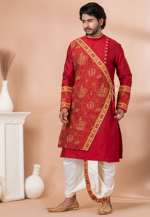 Embroidered Viscose Silk Angrakha Kurta Set in Red