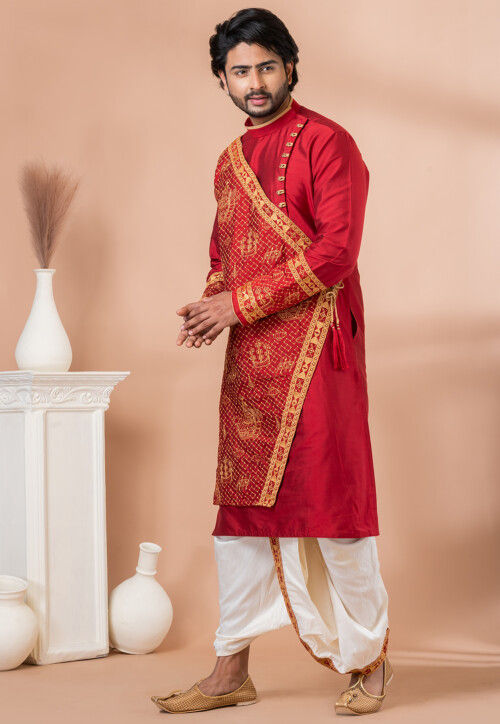 Embroidered Viscose Silk Angrakha Kurta Set in Red