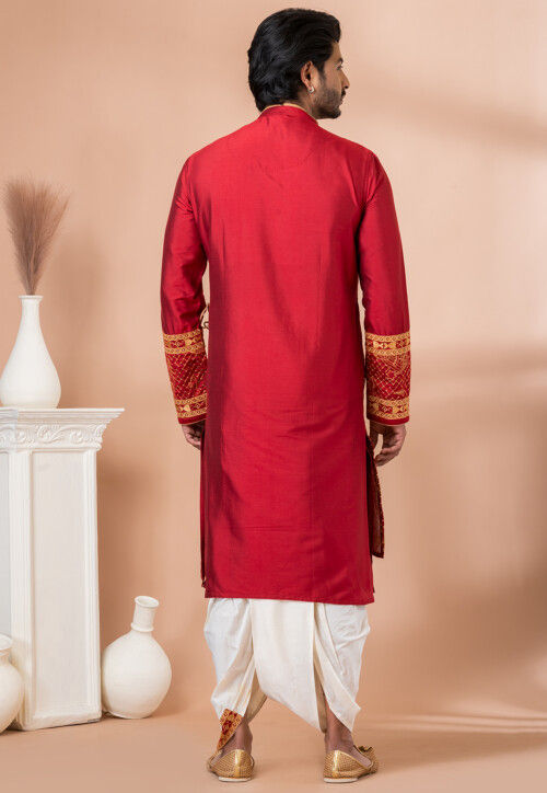 Embroidered Viscose Silk Angrakha Kurta Set in Red